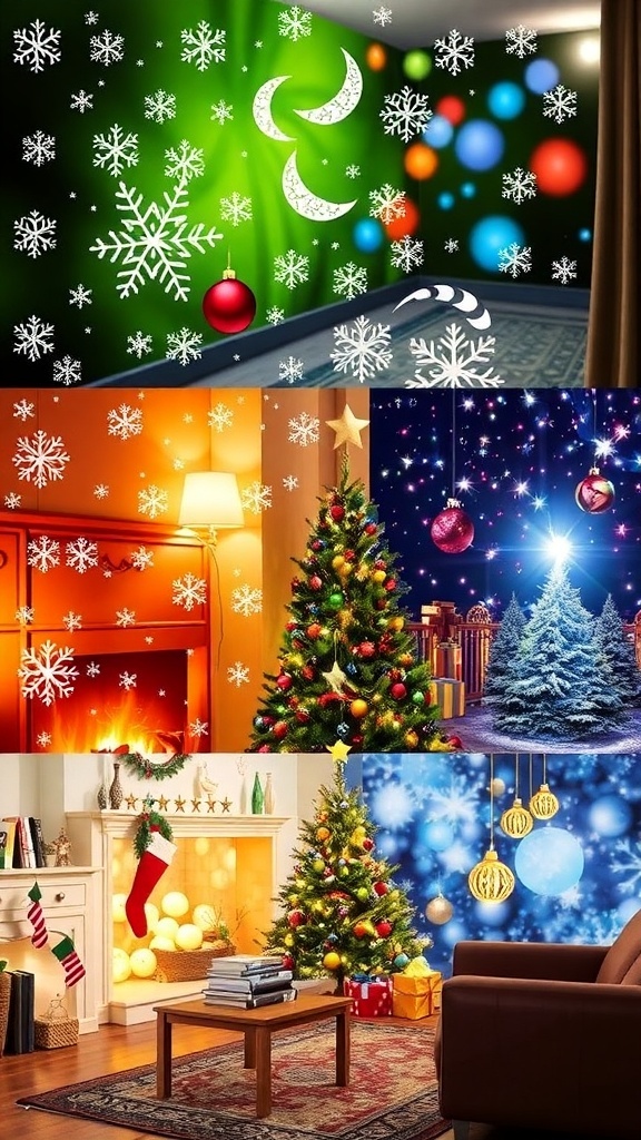 A display of 2000s Christmas wallpapers showcasing festive designs like snowflakes and Christmas trees in a cozy room.